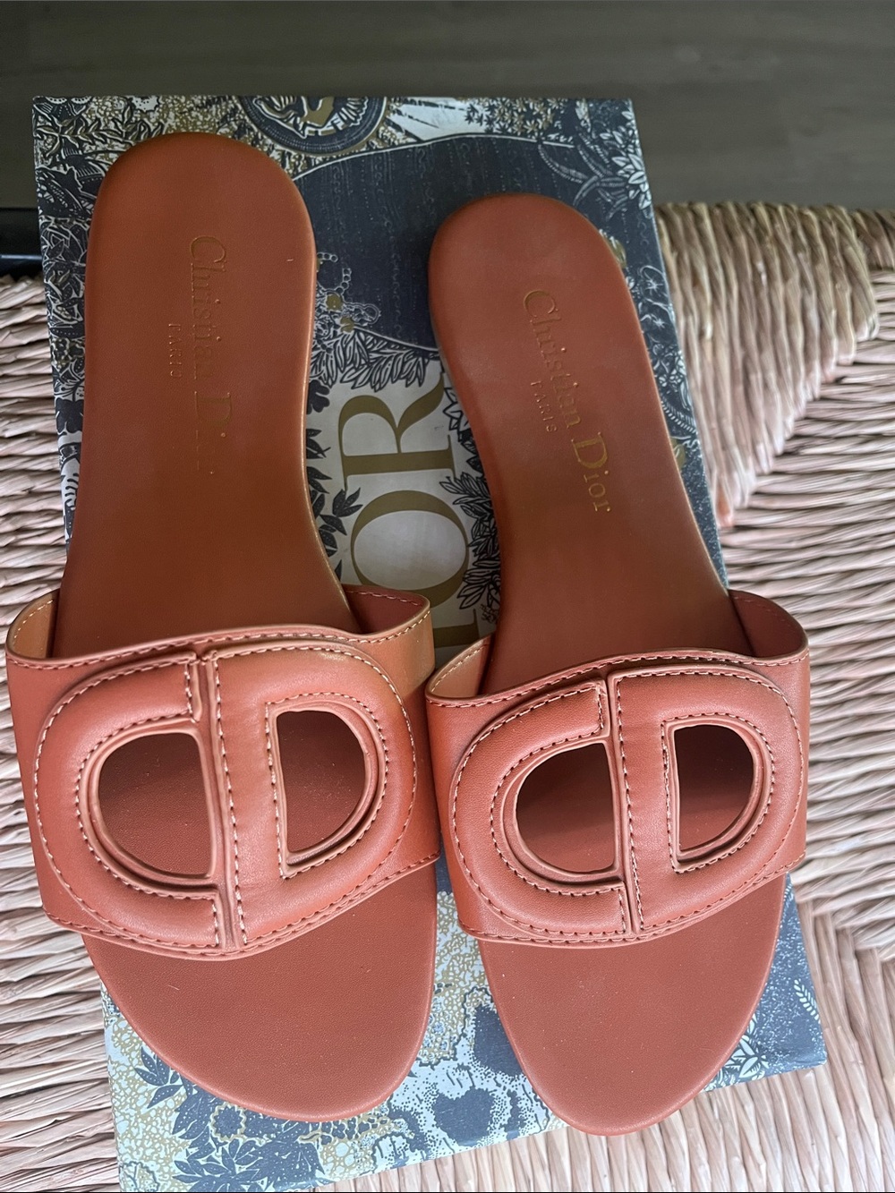 Dior Tan Leather CD Slide Sandals